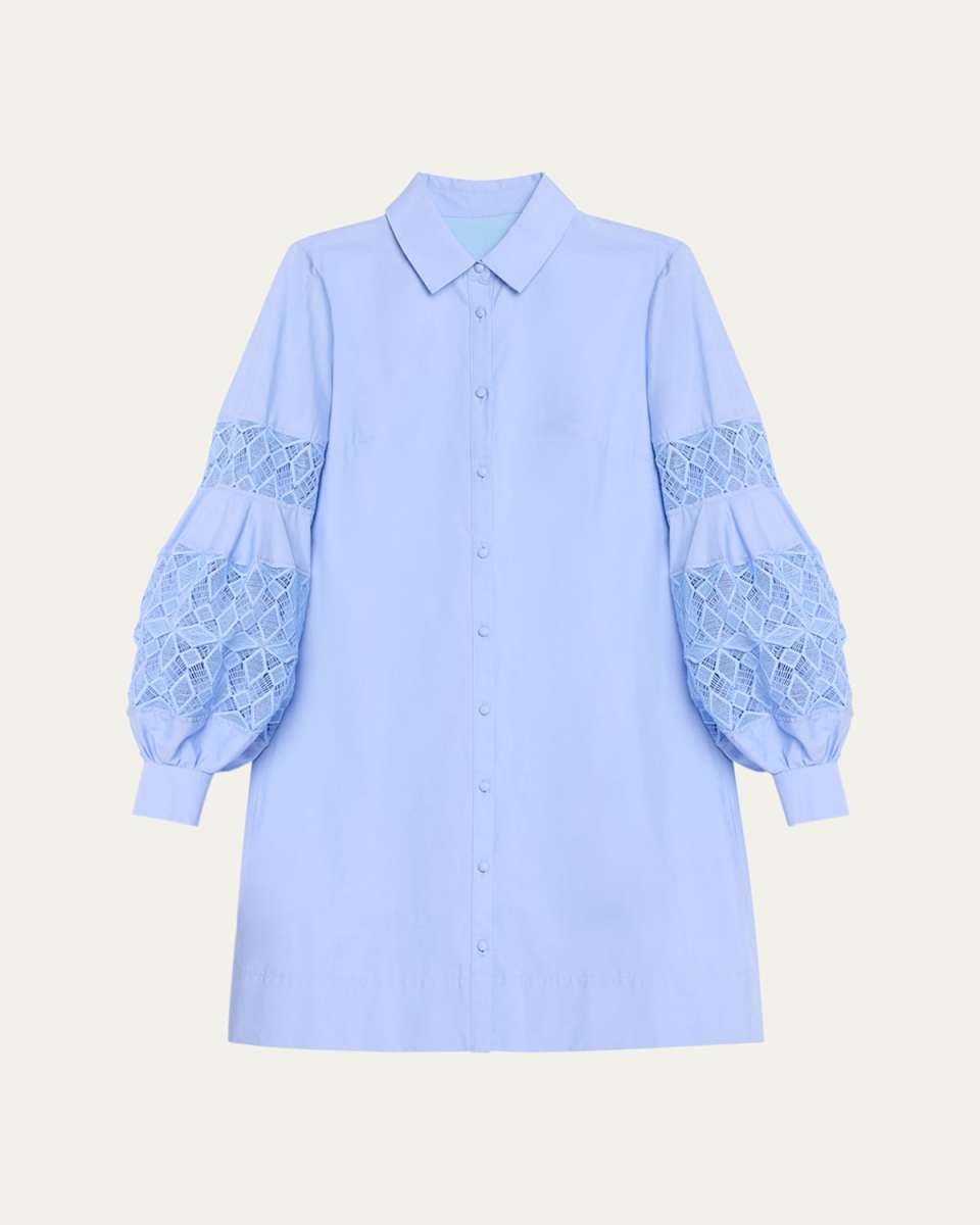 Lace-Inset Blouson-Sleeve Shirt Dress